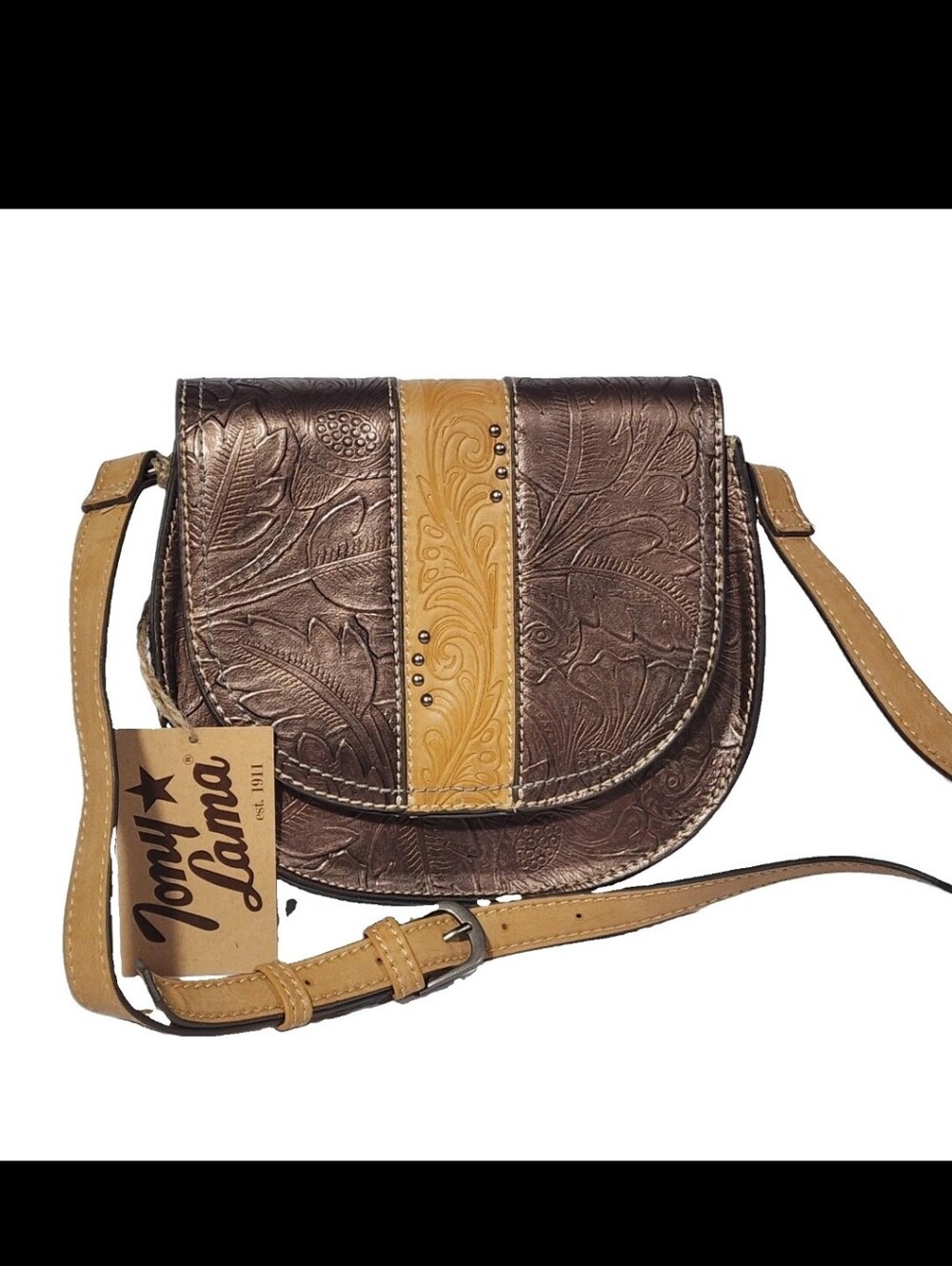 NWT Tony Lama Crossbody Purse Western Tooled 2 Tone Brown Brown Tan Saddle Bag - Picture 2 of 9